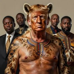 formal portrait, president trump with painted bare chest, wearing hyena skins. digital art by eugene de blaas, ross tran, and nasreddine dinet,,,,,, traditional african color scheme, intricately detailed, in the style of romanticism. artstation, greg rutkowski