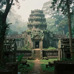 lost ancient jungle city, volumetric light, foggy, moody, kodak photography