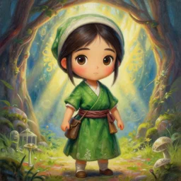 a portrait of japanese girl farmer in green dress, god rays, magic portal background,, fantasy, dungeons and dragons, an ultrafine detailed painting, chibi, detailed painting, boris valejo. octopath traveler decal!!!