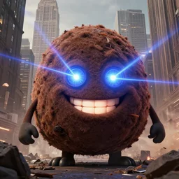 giant turd smiling and destroying new york city with laser eyes