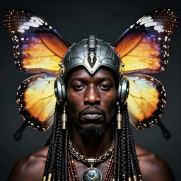 portrait of african tribal chief wearing mecha head gear, symmetrical, butterfly lighting, art by zdzislaw beksinski,