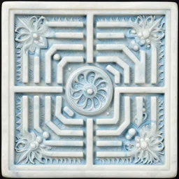 fractals, maze, thin lines, high detail, ernst haeckel, carved soapstone relief paneling white and pale blue