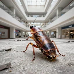 camera footage of a Gigantic cockroach in an abandoned shopping mall, high exposure, dark, monochrome, camera, grainy, CCTV, security camera footage, timestamp, zoomed in, fish-eye lens,  cockroach, horrifying :4