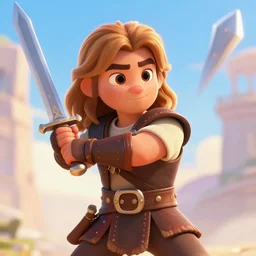 art by pixar. conan the barbarian swings a sword. sunny. rim light!! cute. handsome. cocky!! sharp edges. opening scene. poster art. sense of awe. strong jaw. ultra clear detailed