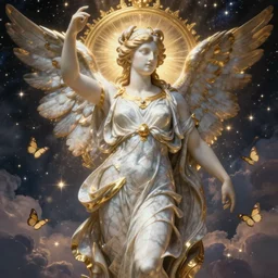 sistina saint Woman Venus Athena beautiful gracious pagans neorococo marble and gold in space stars clouds winged butterflies greeks