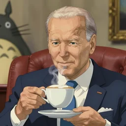 beautiful hayao miyazaki anime style digital painting portrait of joe biden drinking a steaming cappuccino in the oval office, studio ghibli, totoro, spirited away, 4 k, 8 k, hd, high resolution, highly detailed, intricate detail, ultra realistic faces, digital art, trending on artstation, pixiv