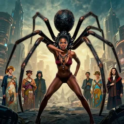 realistic detailed photorealistic film portrait shot of a beautiful black woman with a giant spider, sci - fi city landscape background by denis villeneuve, amano, yves tanguy, alphonse mucha, ernst haeckel, max ernst, andrei tarkovsky, edward robert hughes, roger dean, necklace, dynamic pose, rich moody colours, wide angle, blue eyes