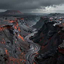 a volcanic lava mountain canyon on an alien world, matte painting, dynamic lighting, cel shading, trending on artstation