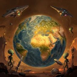 aliens and alien spaceships in a post apocalyptic earth as seen by greg rutkowski, dark theme, enchanted, warm colors, high quality, waw, trending on artstation