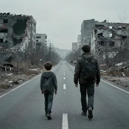 A young boy and his father walk down a long road in a grey, ruined, post apocalyptic city, cinematic