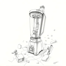 photo of a pencil drawing of concept art of a futuristic blender, aggressive aesthetic, pencil drawing, extreme perspective, super detailed, texture paper, handmade