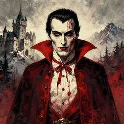 centered detailed, portrait of count dracula, nosferatu, bloody vampire, horror, gothic, medieval castle in carpathian mountains, art by jean giraud and moebius, grimy texture, realistic, expressive emotions, grey gradient, red and cream colours