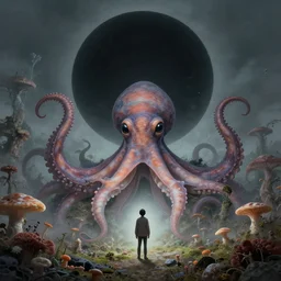 highly detailed illustration of a tiny figure standing before an alien cephalopod in a world overgrown with fungus and spores, diffuse lighting, fog, stunning atmosphere, religious imagery, huge gargantuan black sun, nausicaa, muted colors, by roger dean, kilian eng and james jean