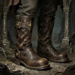 illustration of boots, magic item, osr dungeon, tomb of horror, illustration, high detail, high resolution