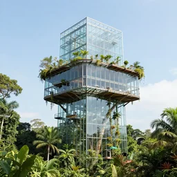 glass skyscraper treehouse  in the amazon jungle