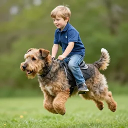 a photo of a boy riding on a fat flying cairn terrier