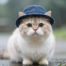 smol fluffy cat wearing smol hat, light rain