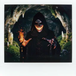 hyper - realistic polaroid photo of sinister hooded figure with a glowing gleaming smile talon like hands polydactyly spewing orange lava out of the palm in a cave with shining fluorescent cave moss and sharp stalagmites in the style of bloodborne