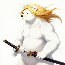 art anime brave bear with white skin, katana in hand, golden hair blowing the wind, trending artistic art, dynamic photography, centered, fate zero, detailed face, extremely high detailed, bokeh color background, studio ghibly makoto shinkai yuji yamaguchi, wlop