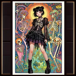cute punk goth fashion fractal skeleton girl posing by Zhang Jingna, poster art by Dan Mumford Kilian Eng Hannah Jeffrey Smith Rick Griffin Alphonse Mucha