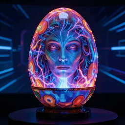 photorealistic portrait of a plasma energy tron murano faberge candy glass egg designed by david chihuly and hr giger. made up of glowing swirling electric pixels. tron world background. photo still by annie liebowitz