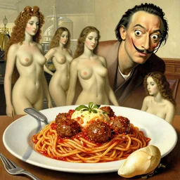 illustration, bizarre compositions, blend of perfect woman bodies, spaghetti bolognesa, meatballs by dali, el bosco, exquisite detail