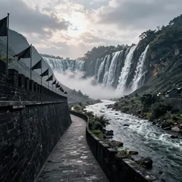 A pitch-black city wall with strips of black flags sits besides a river, and on the other side of the river are cascading mountains, ultra-wide shot, detailed, trending on artstation, light effect, 8k, unreal engine 5, highly detailed, cinematic