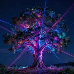 hyper - realistic psychedelic tree with neons and lasers