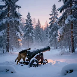 zurcher wolverine in a lapland cannon snow covered trees volymetric light ethereal dusk by noah bradley and john howe