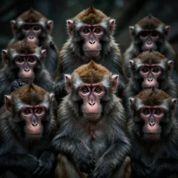 a cult of monkeys staring at the camera with dead soulless expressionless eyes, horrifying atmosphere, dramatic lighting
