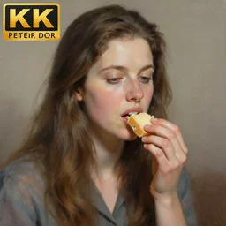 a beautiful woman eating cheese, hyperrealistic, very detailed, 4 k, by peter doig