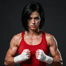 a portrait of allison stokke, muscular, wearing red tanktop with gold lining, white bandages on fists, black hair, short - medium length hair, serious, style by donato giancola, wayne reynolds, jeff easley dramatic light, high detail, cinematic lighting, artstation, dungeons and dragons