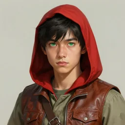 portrait of an experienced young ranger with green eyes and short black hair wearing a red hood and a leather vest, artwork by Charlie Bowater, 8k resolution, trending on art station