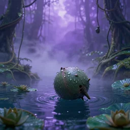 nature shot of alien jungle fruit covered in dew drops floating atop shimmering waters, looming milky purple mist in the background, vines, tendrils, lotus style and shape in tilt shift, low angle by kazuya takahashi