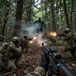 found footage of a soldier and his squad fighting an unidentified cryptic, horror, dark, realistic style, concept art, trending, forest, first person view, high detail, high resolution