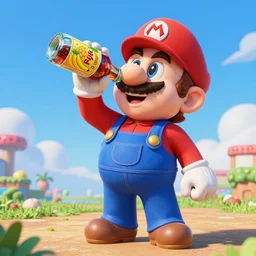 mario drinking a bottle of delicious pineapple & banana flavoured nuka cola, unreal engine, retro futurism, dieselpunk, 3 d art, concept art, highly detailed, pop art, by artgerm and jakub rozalsky