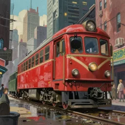 red evil tram. old locomotive. very low angle. very detailed painting by ghibli studios, futuristic. dreamlike. weird. horrific. wet asphalt. city street at 1 9 5 0 s. low angle. old photo. atmospheric. skyscrapers. vivid colours, mysterious. epic scene. 4 k. hyper detailed.