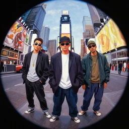anime key visual of three beastie boy in new york times square, style of jamie wyeth james gilleard edward hopper greg rutkowski acrylic painting, preserved museum piece, historical, fish eye