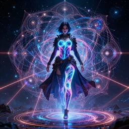 full body character + beautiful female neopunk wizard opening a portal to the sidereal multiverse, mandelbrot neuro web, intricate galaxy inlay + ultra high detail, plasma neon internal glow, precise, consciousness projection, astral projection, laser sharp, octane render + unreal render + photo real, 8 k, volumetric lighting high contrast