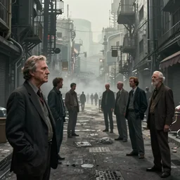 detailed ultra - realistic graphic novel illustration of a dystopian street scene by edward hopper and gregory crewdson, cinematic, muted colors, cinematic fog, full shot, george adult, carel willink, ian miller, wayne barlowe, greg rutkowski, norman rockwell