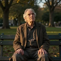 medium shot of an old man sitting on a bench in the middle of a park and looking up, golden hour, somber, artstation, concept art, sharp focus, by Craig Mullins, Greg Rutkowski, Kenne Gregoire