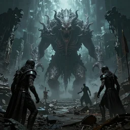 cultists invoking lovecraftian monster in middle of a ruins, horror, eldritch, 8K, concept art, DSLR, filmic, HDR, hyperrealism, Unreal Engine, volumetric lighting, Darkart