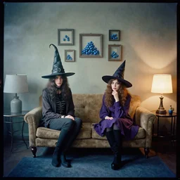fujifilm velvia 5 0, wetplate, award - winning colour portrait : occult dadcore wizards and momcore witches bedroom producers in a 1 9 6 0 s room, 1 9 6 0 s couch, blueberry, square picture frames, haze, concrete, shining lamps, 1 9 6 0 s metal furniture, smoke, fog
