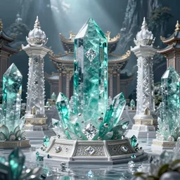 photoreal picture of fantasy crystal healing asian temple, aquamarine crystals, diamonds and pillars of frosted glass, product mockup, product image, fantasy intricate elegant extremely detailed digital painting trending artstation concept art sharp focus illustration art by gustave courbet greg rutkowski craig mullins