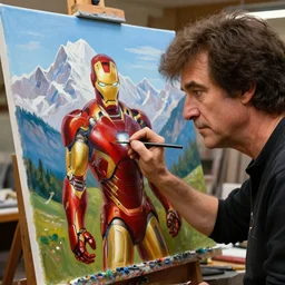 a closeup photorealistic photograph of bob ross in his studio, working on a canvas painting of iron man. mountain scape. film still, vibrant colors. this 4 k hd image is trending on artstation, featured on behance, well - rendered, extra crisp, features intricate detail, epic composition and the style of unreal engine.