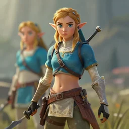 action portrait of aloy from horizon zero dawn, crossed with zelda from breath of the wild, digital art, muted colors, visible paint, bokeh by loish