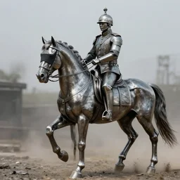 a sergeant made of molten steel riding a horse, the horse is blindfolded