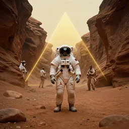 a cosmonaut surrounded by a martian canyon, by jean delville and sophie anderson and mandy jurgens and ralph mac quarrie, retrofuturism, moody atmosphere, cinematic atmospheric, cinematic lighting, golden ratio, perfect composition, elegant, no crop, extremely detailed, 4 k, hd, sharp focus, masterpiece, trending on artstation