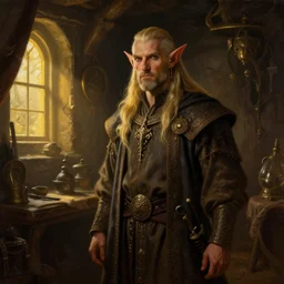 the elder scrolls vi majestic gracious high elf merchant portrait, indoors rustic clothing shop, painted, dark room, one point of light coming through the window, atmospheric lighting, painted, intricate, volumetric lighting, beautiful, golden hour, sharp focus, ultra detailed, by mark kent, jordan lamarre - wan, igor kieryluk, maxim verehin, miranda meeks