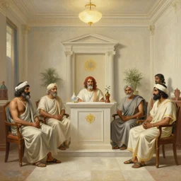 8 0 s srilankans on greek senete counsil, painting by gaston bussiere, craig mullins, j. c. leyendecker, lights, art by ernst haeckel,,